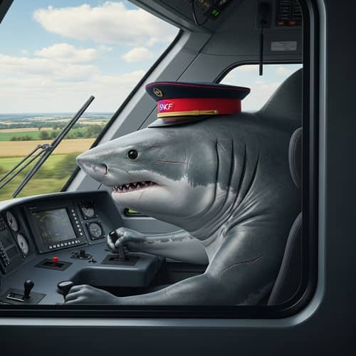 Hyper-Realistic Shark Conductor Driving Train | SNCF Hat