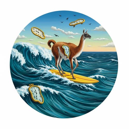 Surrealistic Guanaco Riding Surfboard in Dream-like Scene