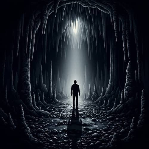 Cavernous Allegory: Silhouette of a Lone Man in the Dark