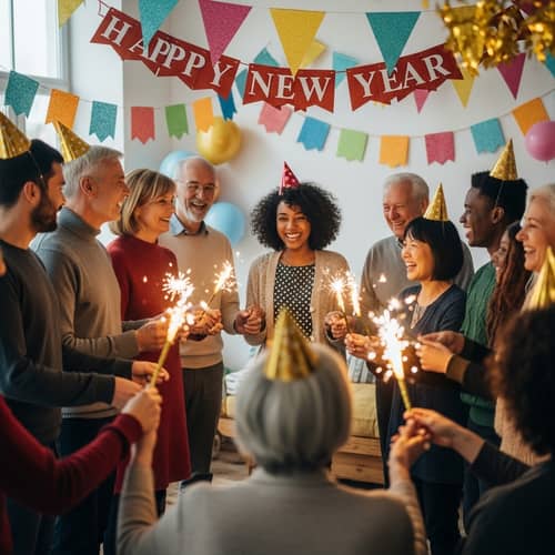 Diverse New Year Celebration: Joyful Men and Women Holding Hands