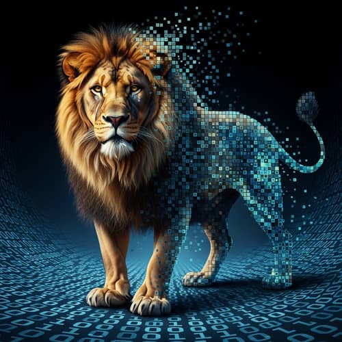 Powerful Lion Symbolizes Finance Integration with Digital Revolution