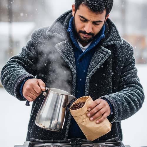 Middle-Eastern Man Making Coffee in Winter Scene
