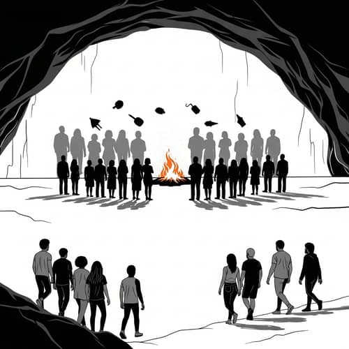 Captivating Shadows: Diverse Group Exiting Cavern in Minimalist Style