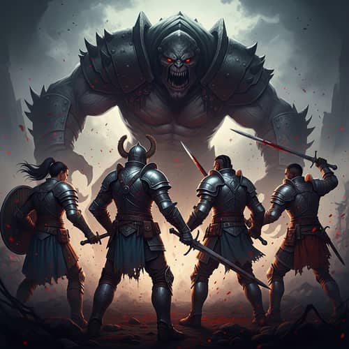 Epic Medieval Fantasy Album Cover with Warriors Battling Giant Villain
