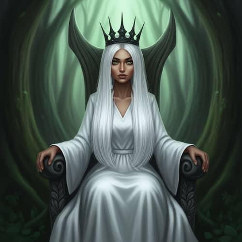 South Asian Girl with Long White Hair in Forest Throne