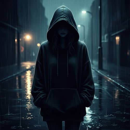 Dark and Mysterious Digital Illustration of a Woman in Hoodie