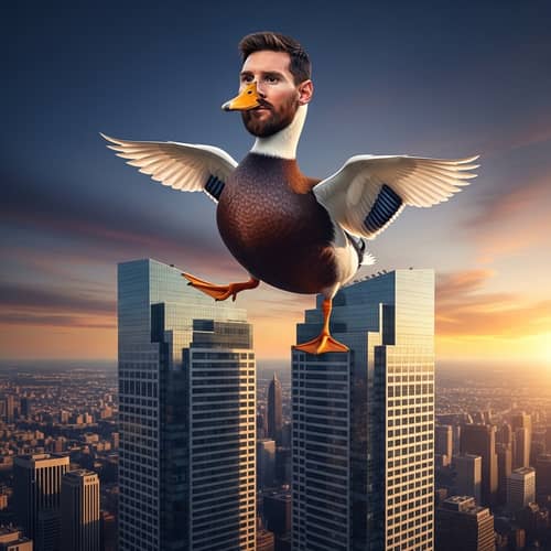 Soccer Player Duck Perched on Skyscrapers