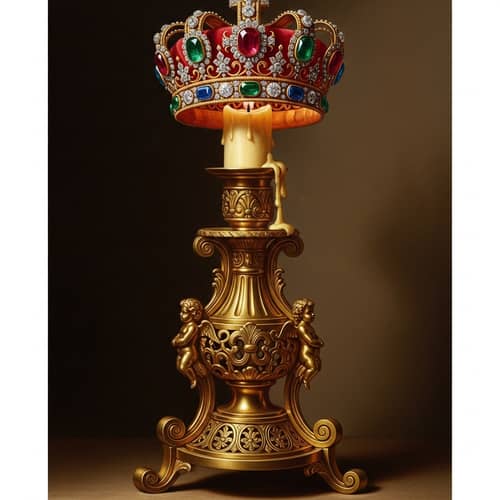 Vintage-style Oil Painting of Golden Candlestick with Majestic Crown
