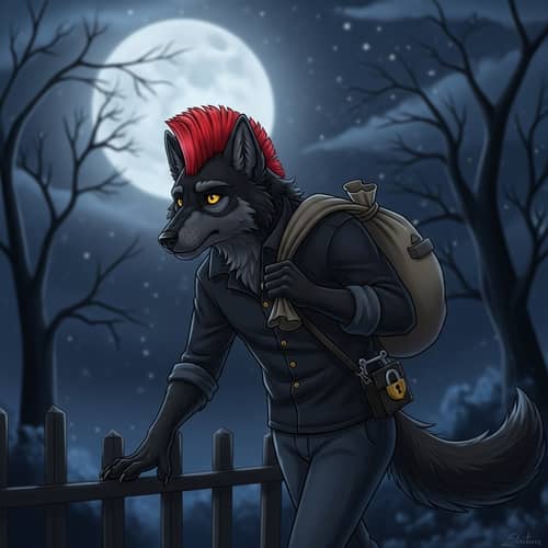 Cunning Wolf Thief with Red Mohawk Mullet Hair - Night Thievery Scene