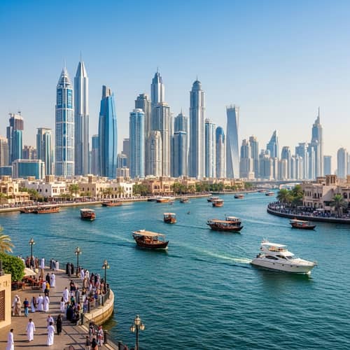 Dubai Cityscape: Skyscrapers, Creek, and Multicultural Crowd