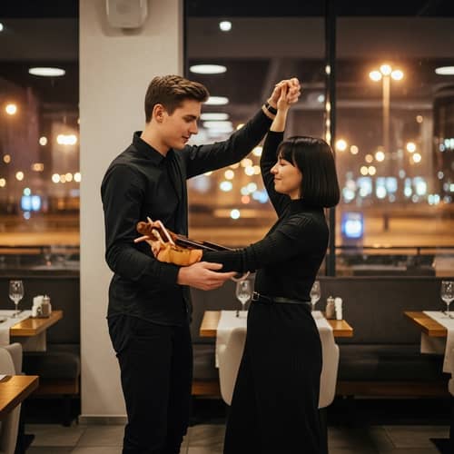 Modern Restaurant Dance Scene with Bright Street Lamp View
