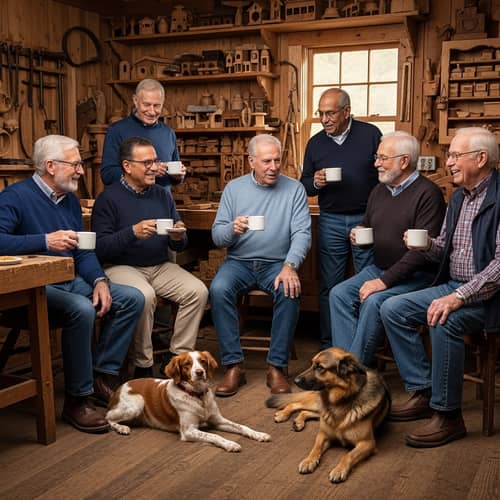 Diverse Group of Elderly Men Enjoying Coffee in Traditional Woodshop