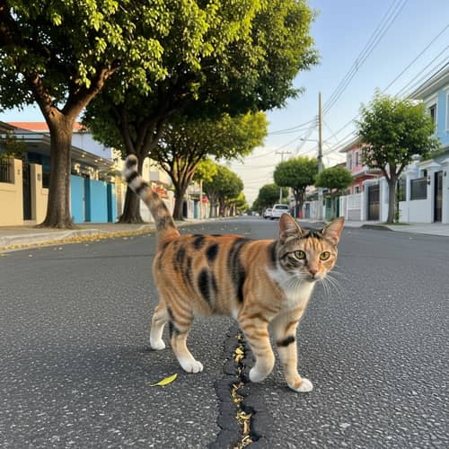 Majestic Cat Roaming Colorful Streets at Sunset