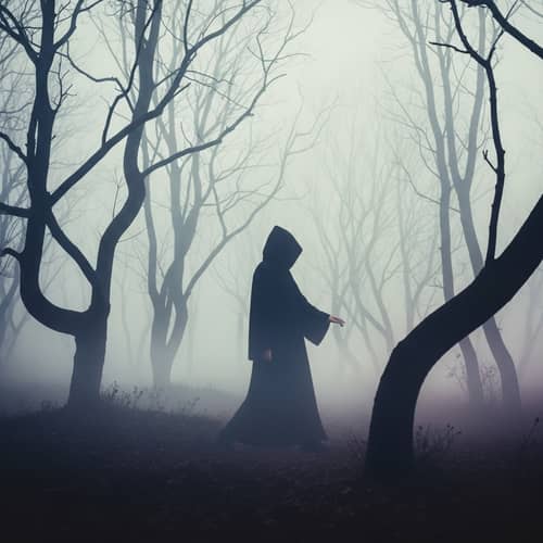 Mysterious Figure in Foggy Forest: Fantasy & Surrealism