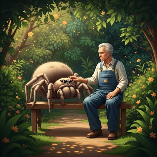 Older Man and His Spider Friend in a Peaceful Garden Older Man and His Spider Friend in a Peaceful Garden