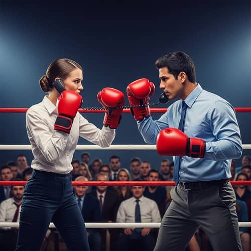 Sales Battle: Tense Phone Showdown in Bold Colors