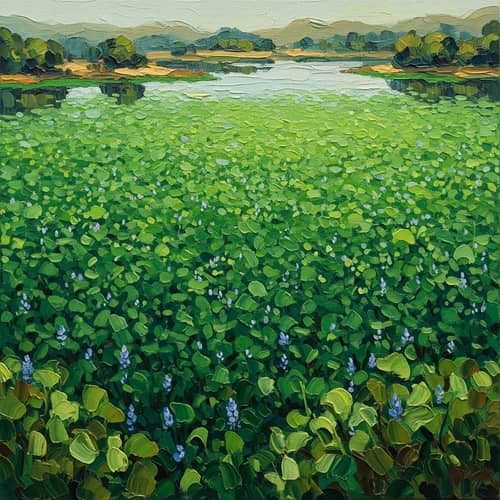 Serene Lake Covered in Lush Green Water Hyacinths