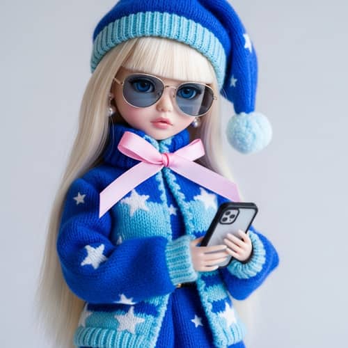 Fashionable Winter-Inspired Doll with Vibrant Blue Outfit and Smartphone