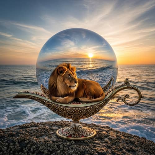 Lion in Lamp Reflecting Sea - Beautiful Sunrise View
