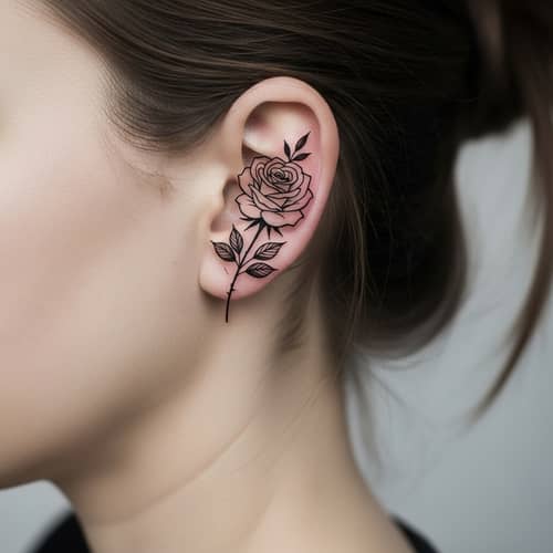 Elegant Black Rose Tattoo Behind Ear for Women