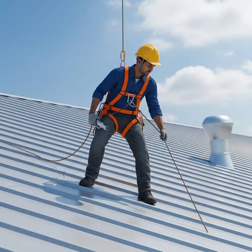 South Asian Worker on Metallic Standing Seam Roof | Safety Illustration