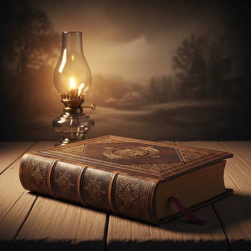 Vintage Illustration of Ornate Bible on Wooden Table | Historic Ambiance