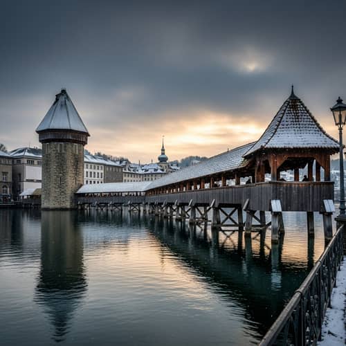 Kapellbrücke Wooden Footbridge in Winter Sunrise - Switzerland