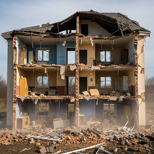 Tragic Demolished House Scene: Ruined Structure & Shattered Furniture