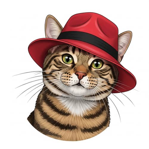 Medium-Sized Domestic Cat in Vibrant Red Hat Illustration