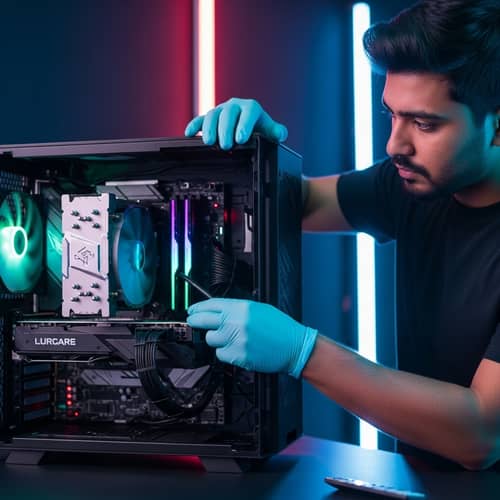 Futuristic Neon-Lit Gaming Computer Maintenance by South Asian Technician