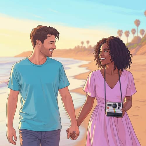 Romantic Beach Sunset with Interracial Couple: Blissful Love Captured