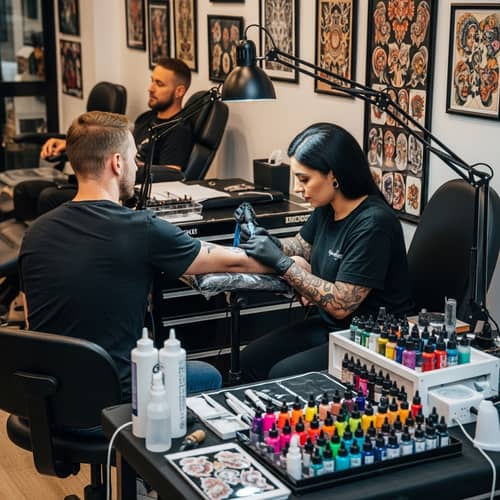 Vibrant Tattoo Salon Interior | Modern Tattoo Artist Scene