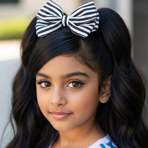 South Asian Girl with Stylish Ponytails and Striped Bow