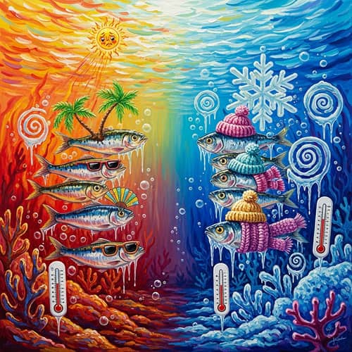 Whimsical Sardines: Climate Shifts & Bright Seascapes