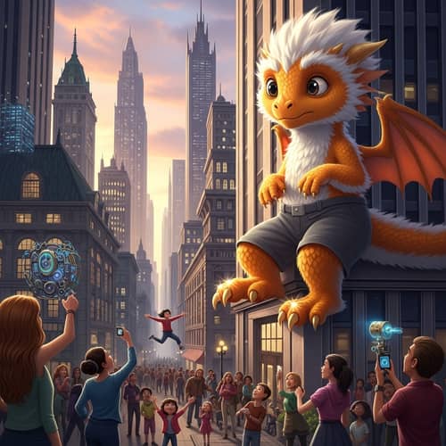 Gigantic Furry Kid Dragon in Urban City | Fantasy Scene