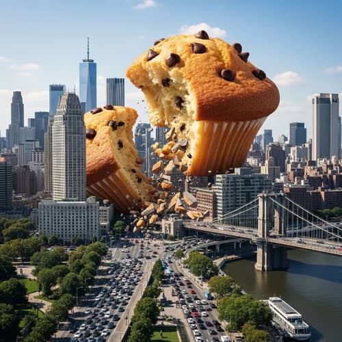Giant Muffin Devours Cityscape in Quirky Scene