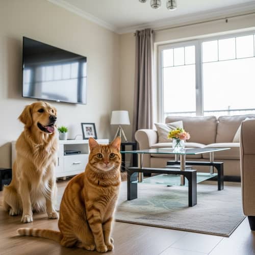 Cat and Dog Living Room Harmony | Modern Decor Scene
