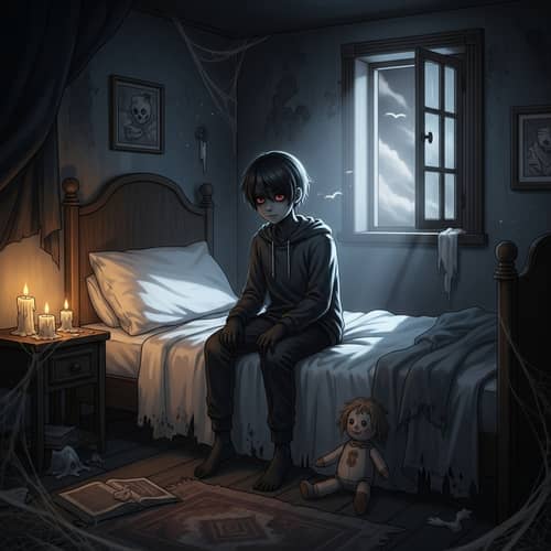 Haunting Scene: Black Phantom in Lighthouse Bedroom with Antique Doll