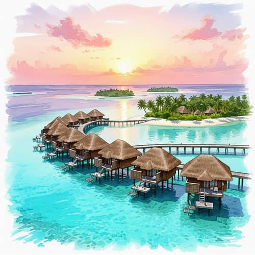 Enchanting Maldives Watercolor Painting | Sunset & Bungalows