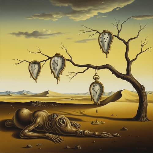 Surrealistic Landscape Painting of Leaking Time in 1900s Style