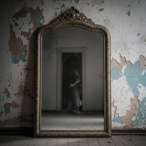 Vintage Mirror Against Worn-out Wall: Eerie Reflection