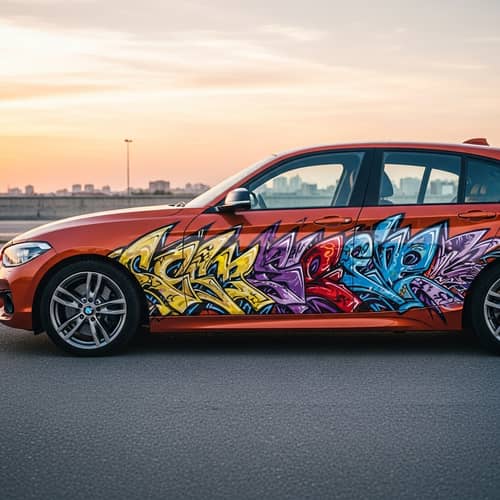 Vibrant Valencia Orange BMW F20 with Graffiti Art on Urban Street