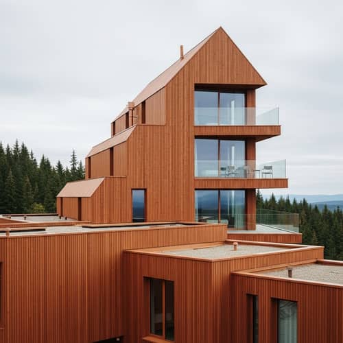Modern Red Cedar Wood Hotel Residence with Tiered Gable Roof