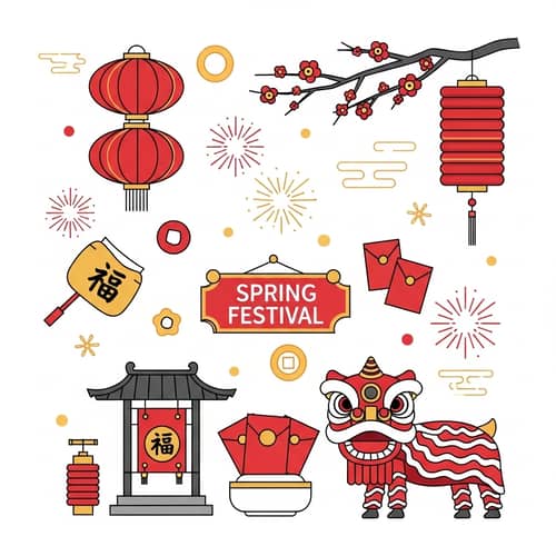 Traditional Chinese New Year Symbols in Minimalist Style