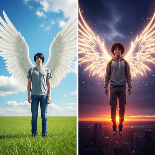 Teenage Boys with Wings: Caucasian vs. South Asian - Unique Illustrations