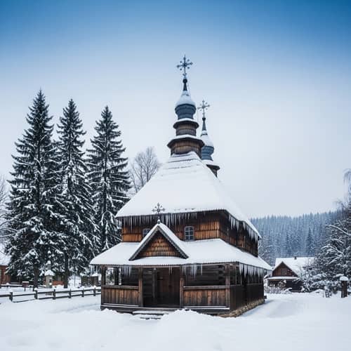 Winter Village Scene: Old Ukrainian Church in Snowy Landscape
