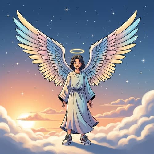 Whimsical Angel with Sparkling Wings Standing on a Cloud