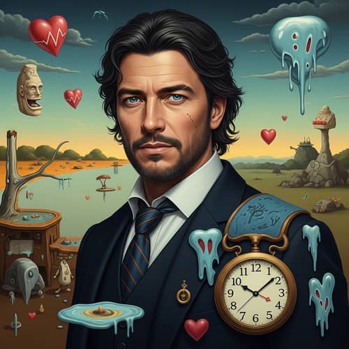 Surreal Symbolist Painting: Man Embodying Family Roles in Dreamlike Setting
