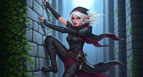 Half-Moon Elf Girl - Art Illustration Adept at Scaling Ivy-Covered Walls