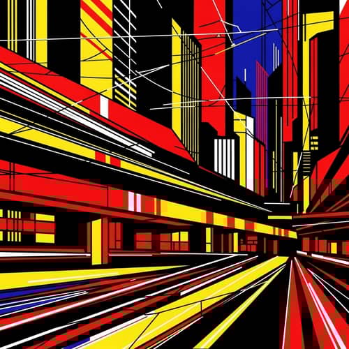 Dynamic City Life Abstract Art in Red, Yellow, Black